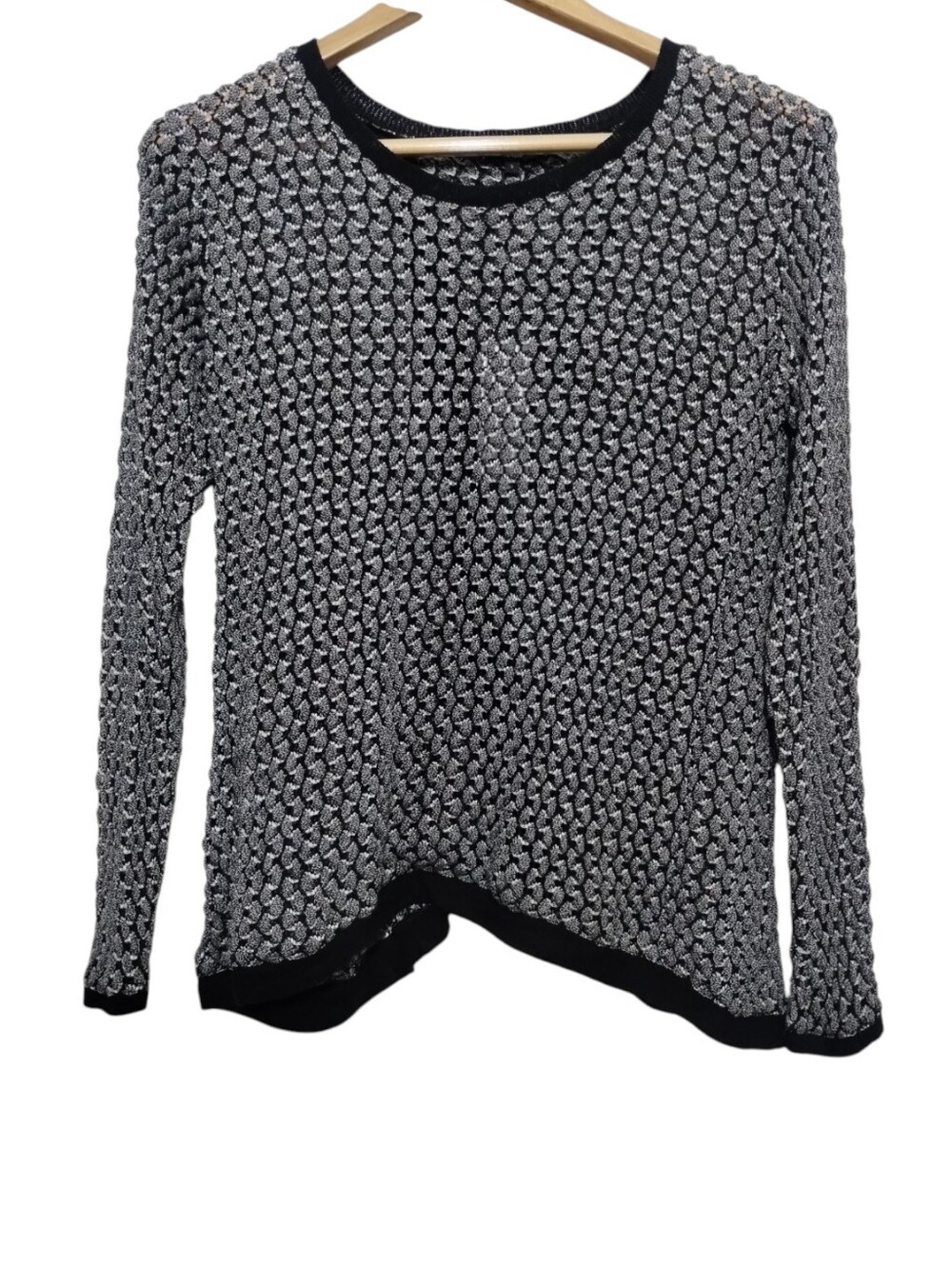 Generation Love Split Black Crewneck Sweater Women's S Open Weave Knit